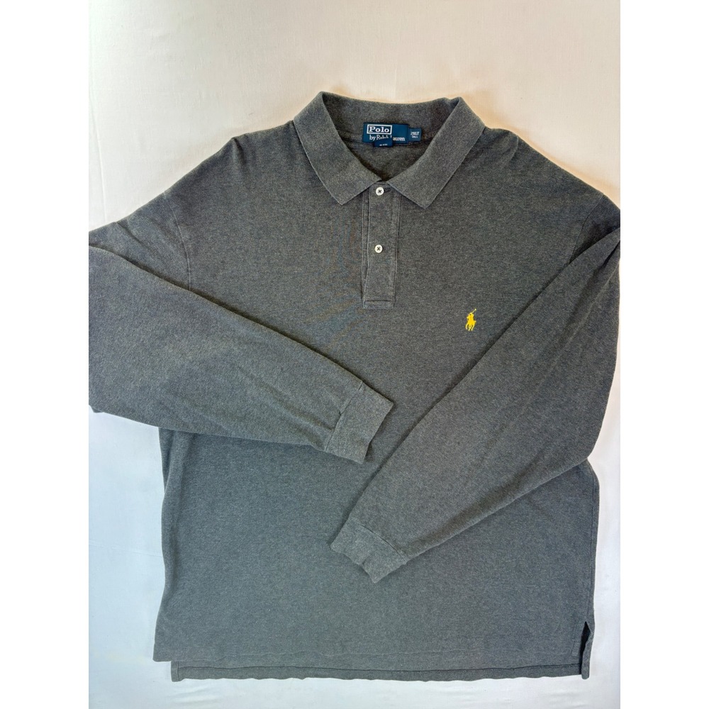 Polo Ralph Lauren Mens 2XLT Tall Gray Long Sleeve Pique Polo Shirt Yellow Pony